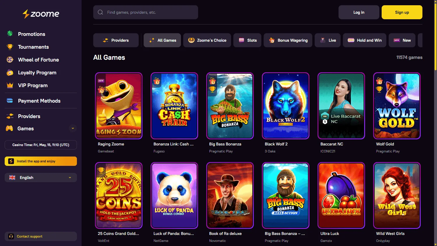 Zoome Casino desktop games area with casino categories and game titles