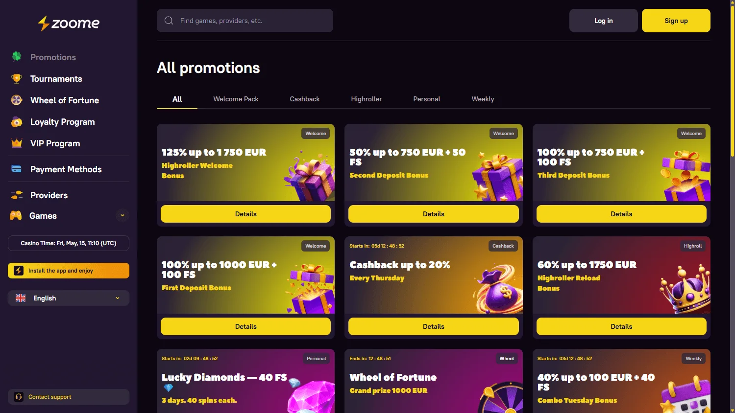 Zoome Casino desktop promotions area with welcome and deposit offers