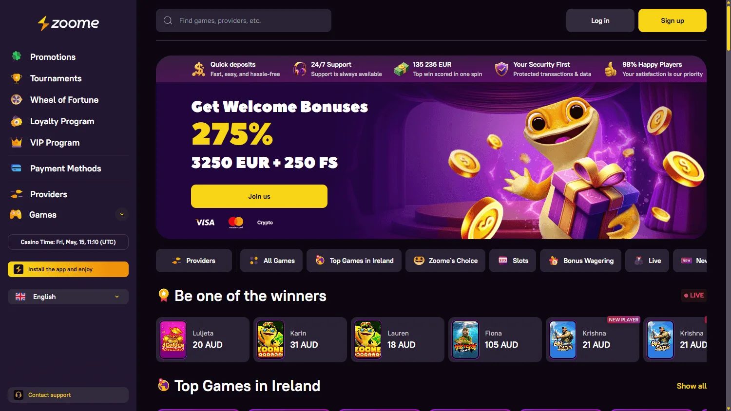Zoome Casino desktop home view with the main casino lobby and offer information