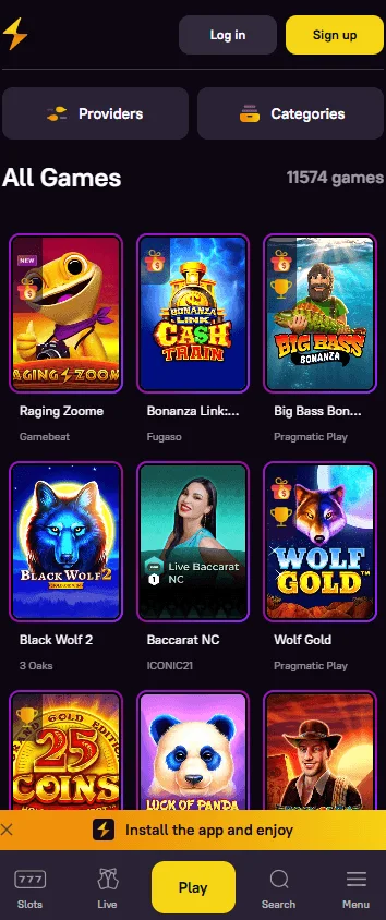Zoome Casino mobile games area with casino categories and playable titles