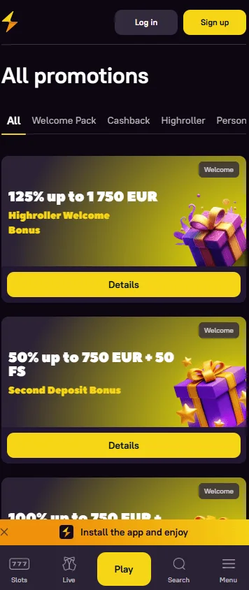 Zoome Casino mobile promotions area with deposit bonuses and free-spin offers