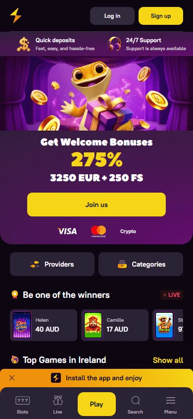 Zoome Casino mobile home view with the casino lobby and account options